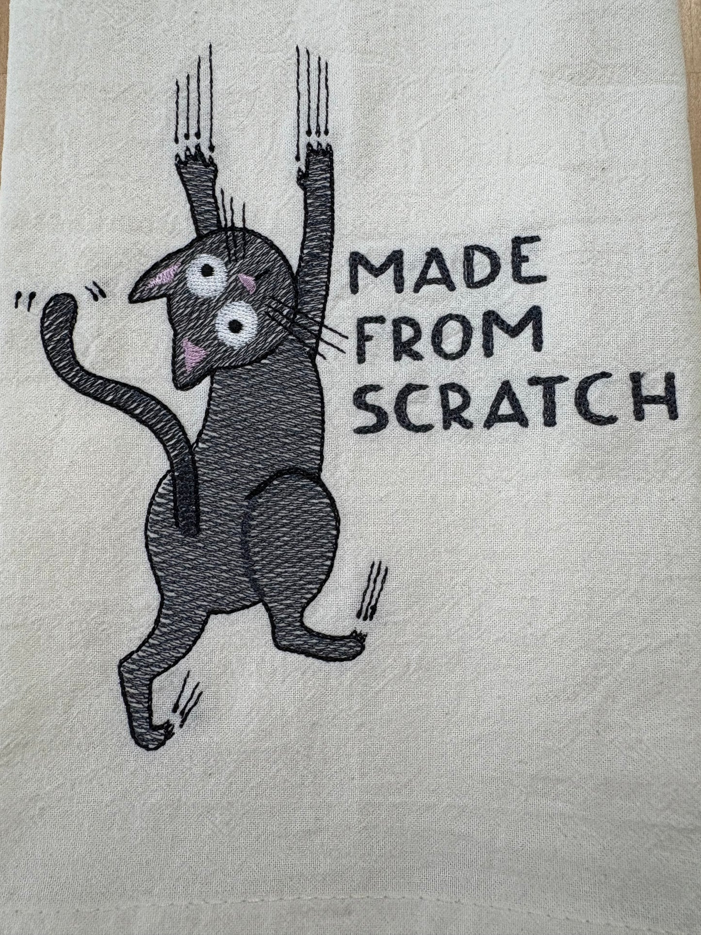 Made from Scratch Kitty embroidered on kitchen towel