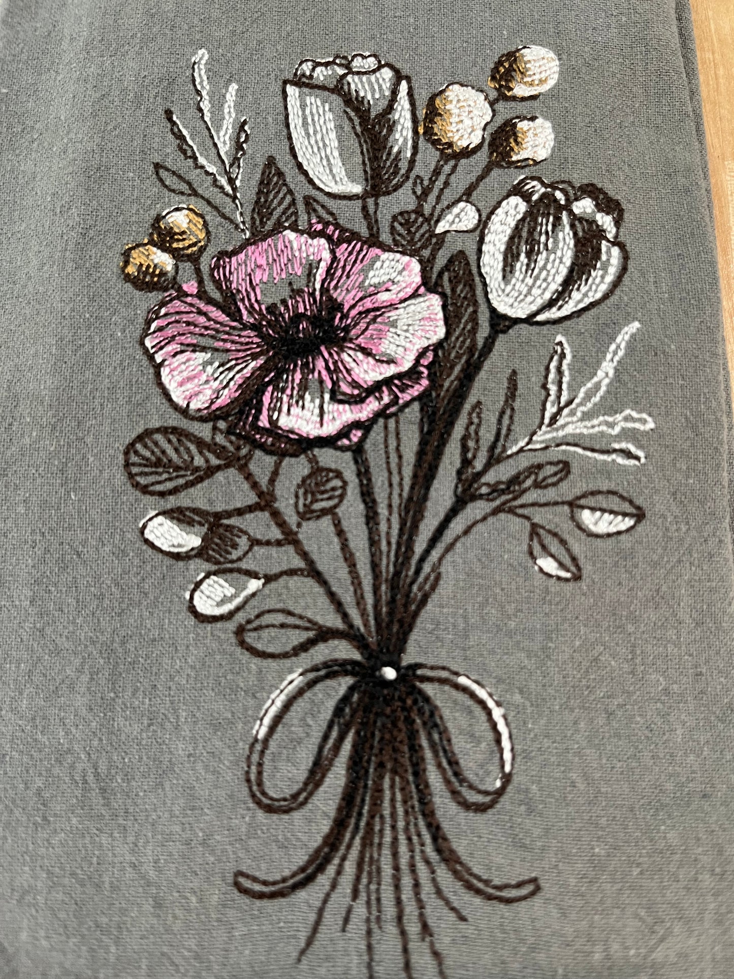 Flower Bouquet Embroidered on Grey Napkin