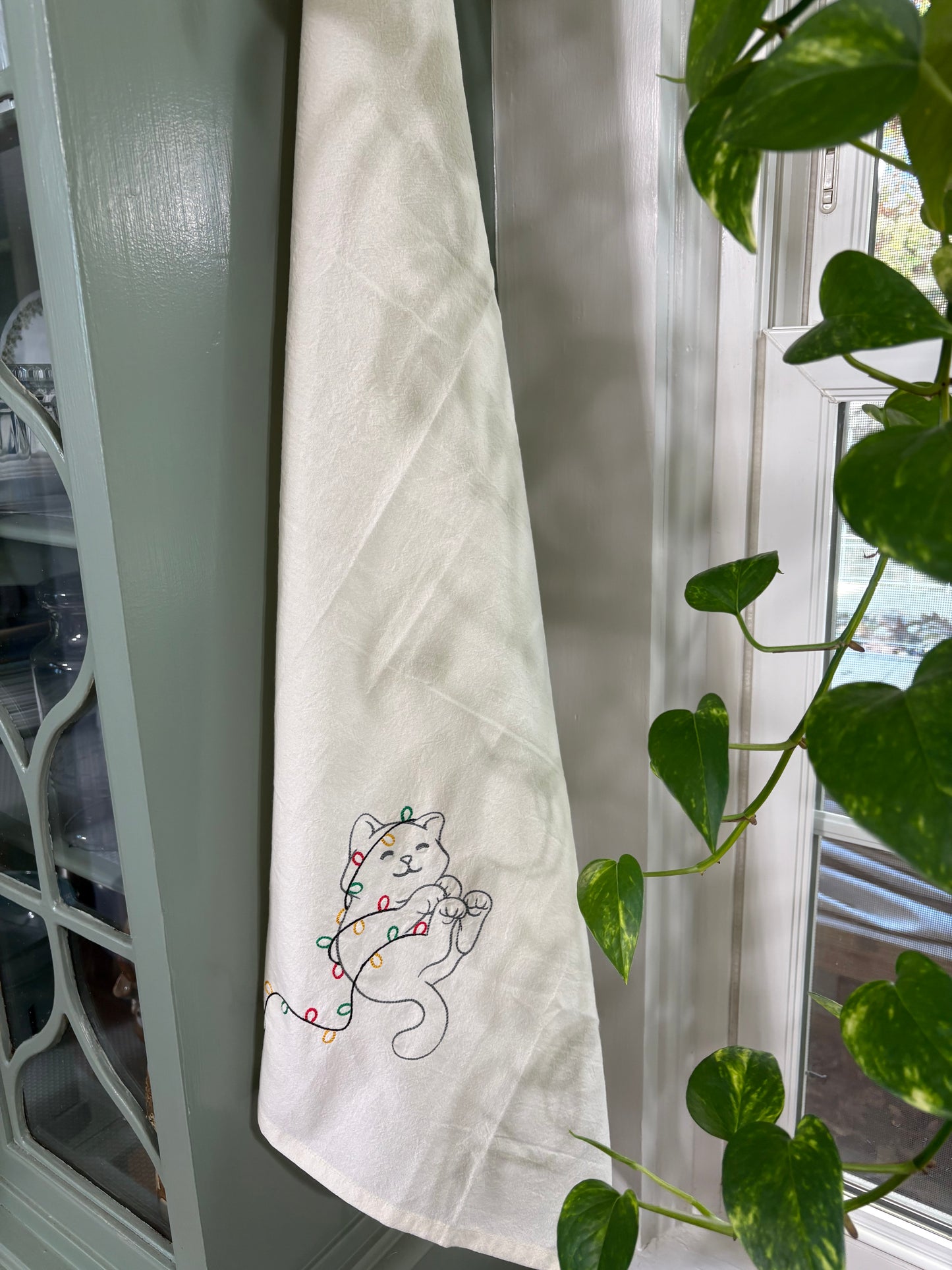 Kitchen towel - cat wrapped in holiday lights