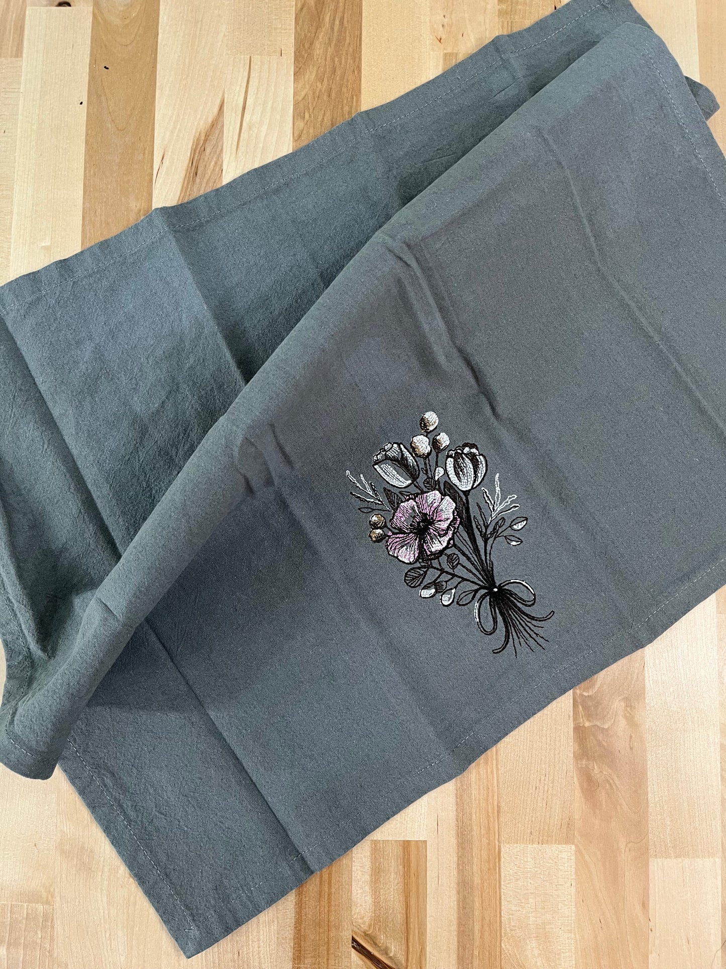 Flower Bouquet Embroidered on Grey Napkin