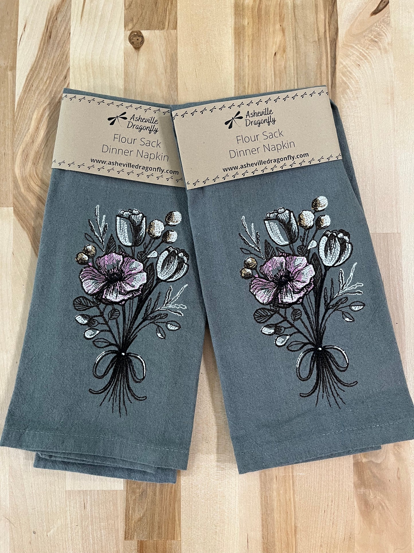 Flower Bouquet Embroidered on Grey Napkin