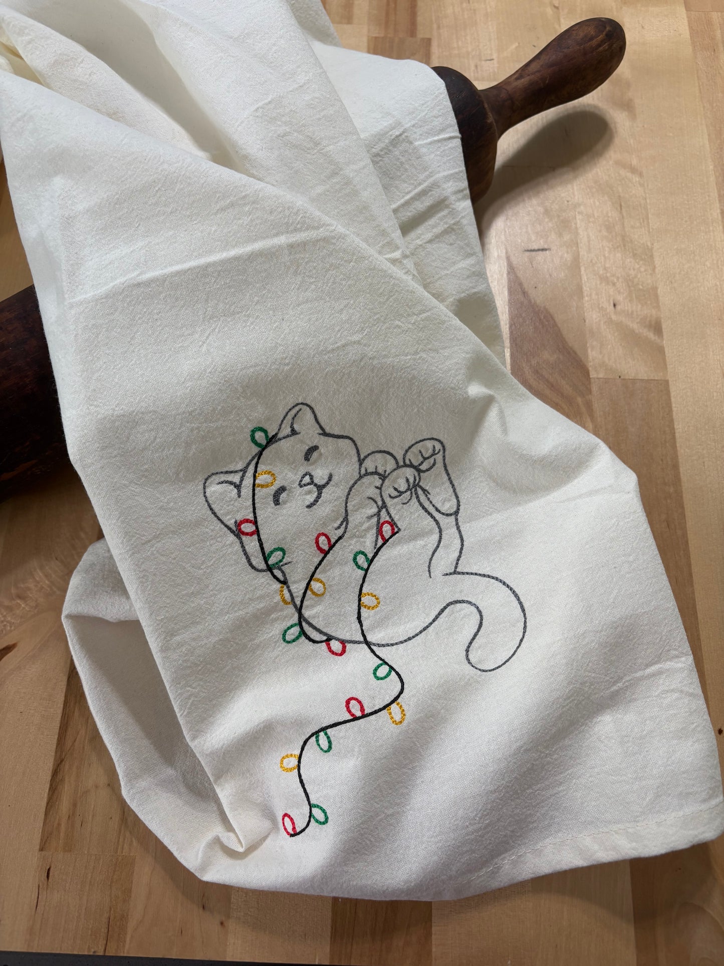 Kitchen towel - cat wrapped in holiday lights