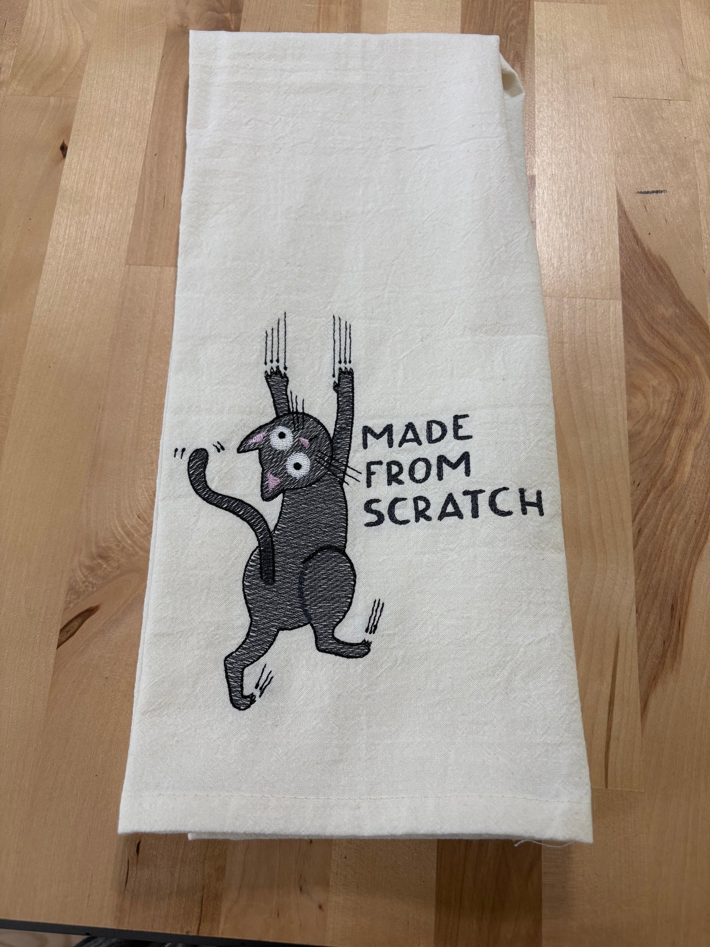 Made from Scratch Kitty embroidered on kitchen towel