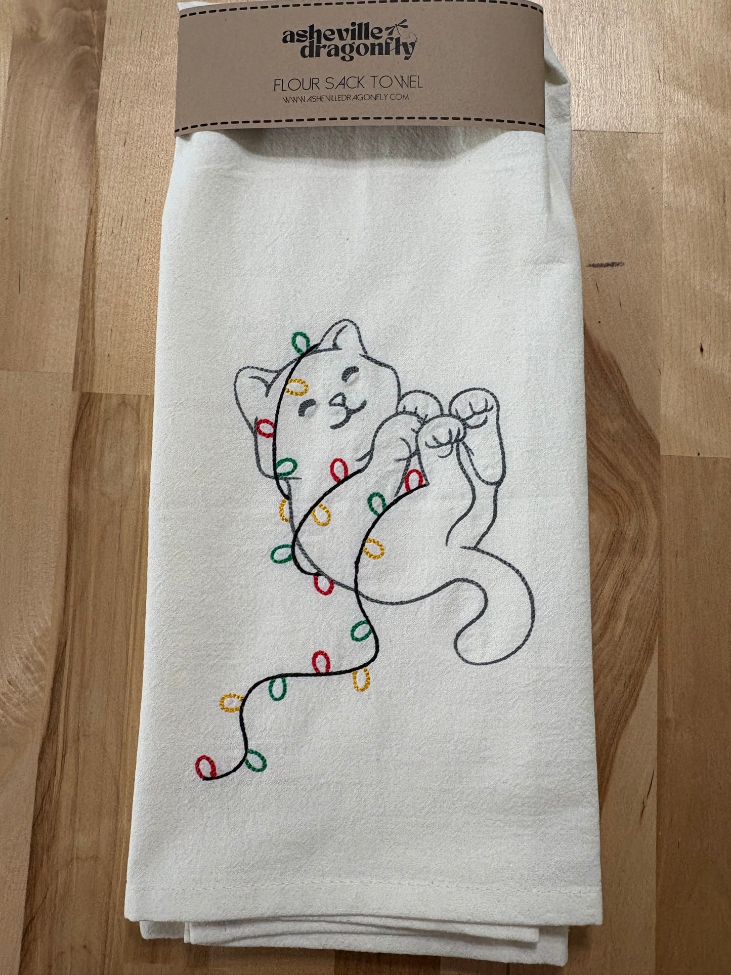 Kitchen towel - cat wrapped in holiday lights