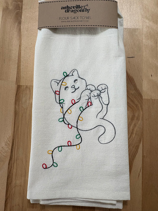 Kitchen towel - cat wrapped in holiday lights