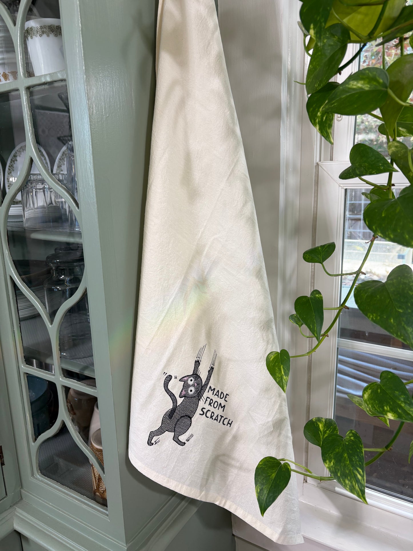 Made from Scratch Kitty embroidered on kitchen towel
