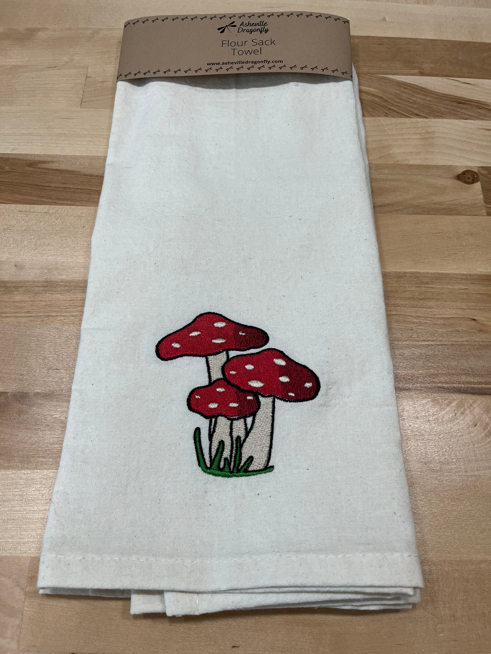 Organic cotton flour sack towel embroidered with red mushrooms
