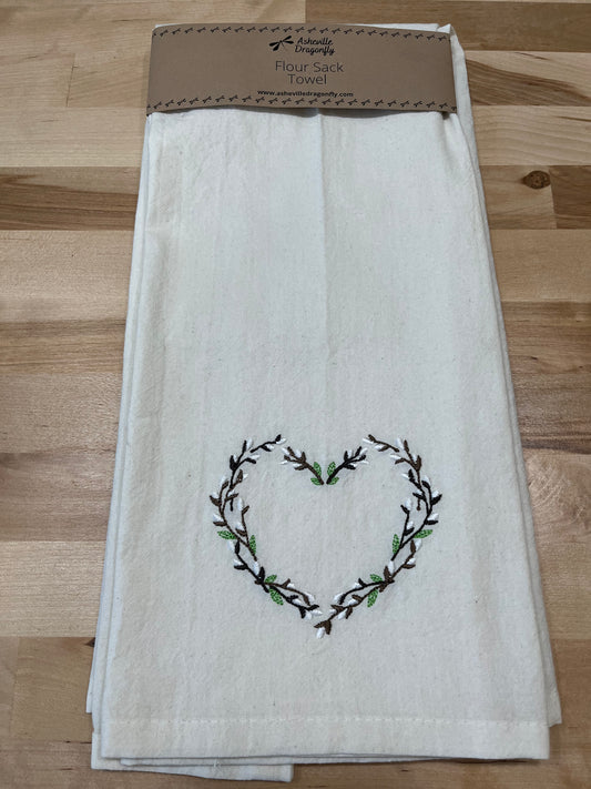 Organic flower sack towel embroidered with a pussy willow heart